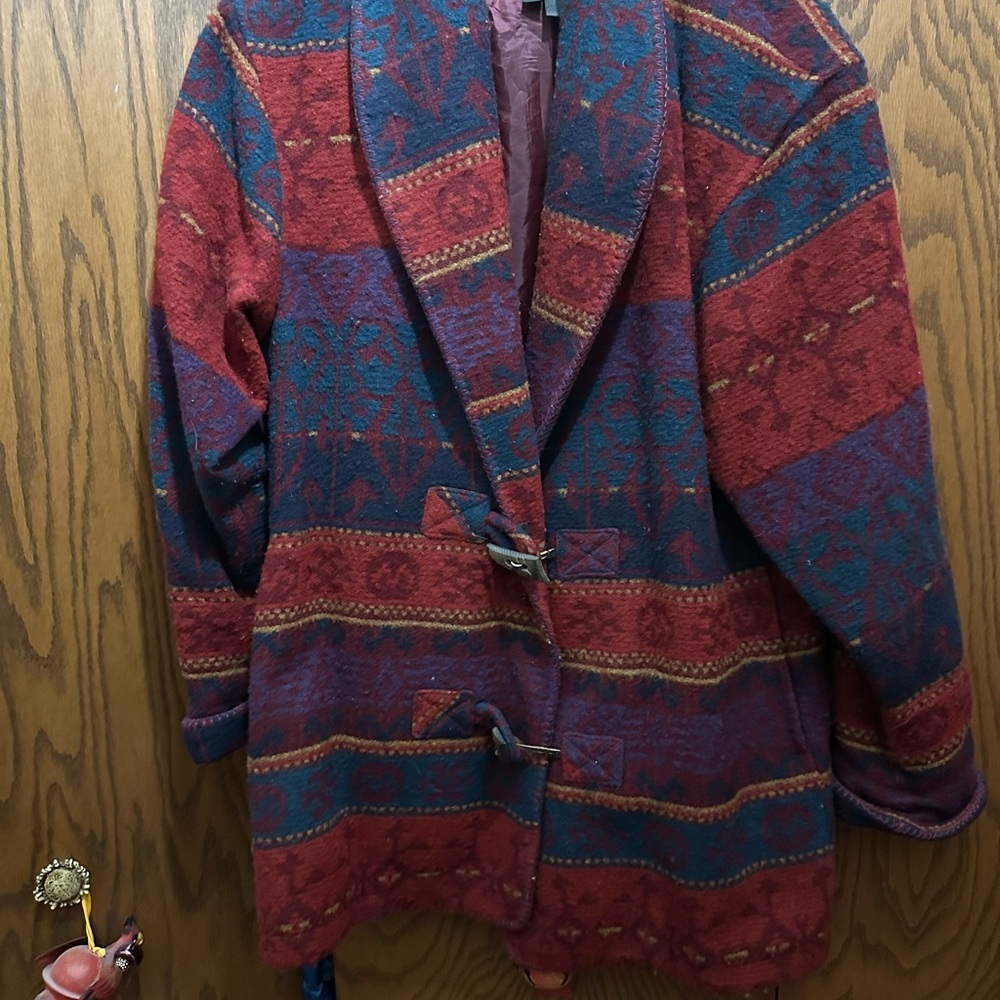 Eddie Bauer Deep Red and Blue Tribal Patterned Pea Coat Wool Blend
Wm Sz Large - Picture 12 of 12
